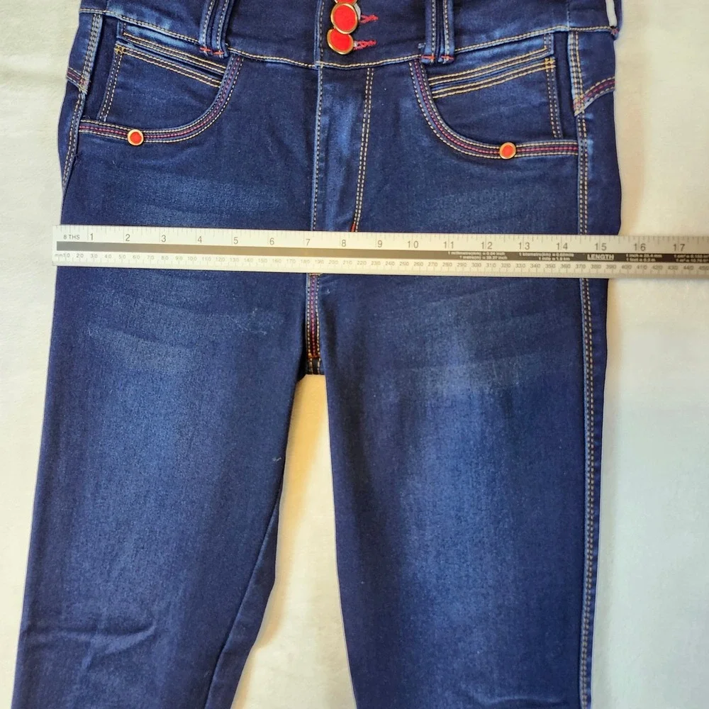 Bon Bon Up Womens High Rise Skinny Jeans Dark Wash Red Button Accents Indigo - Picture 4 of 14